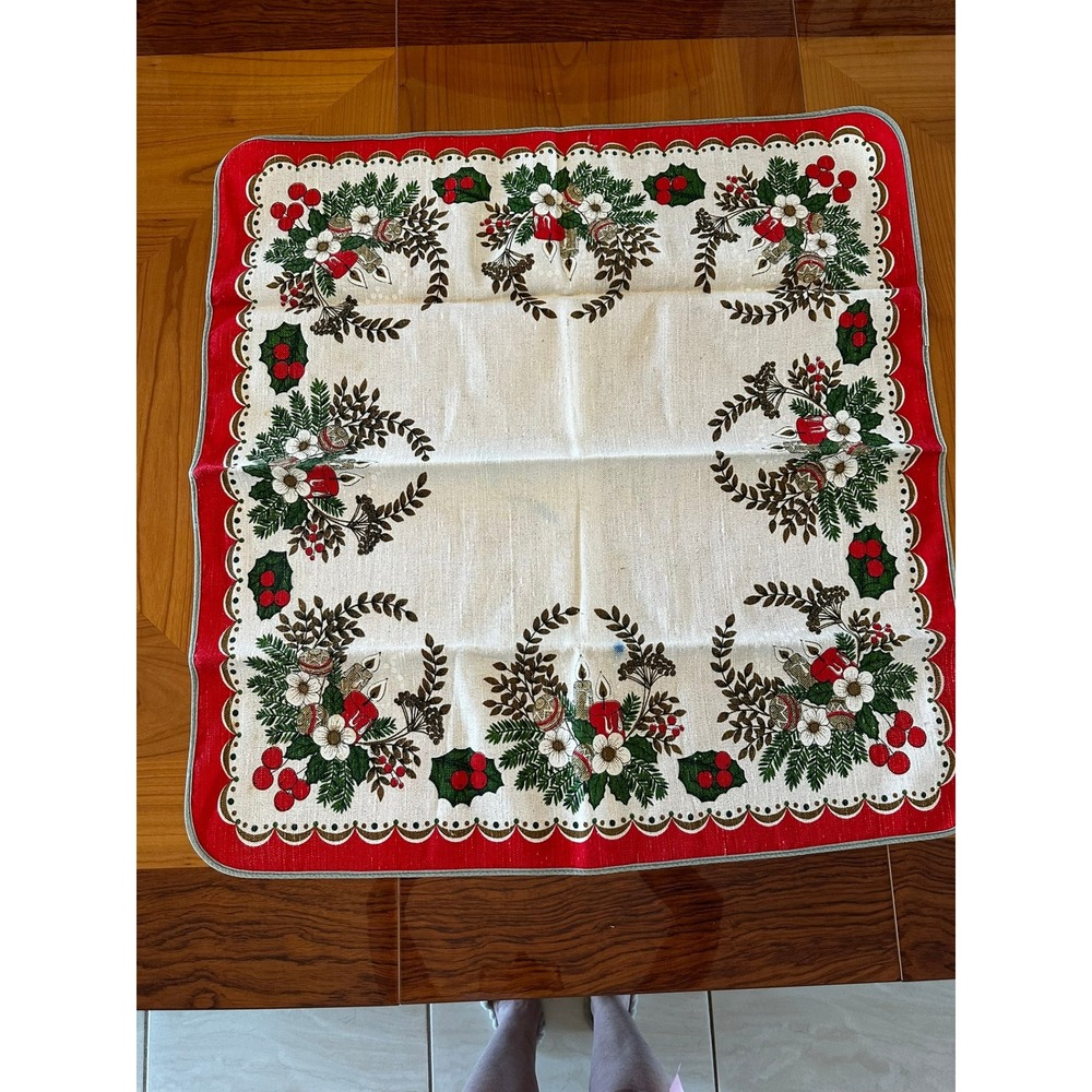 Vintage Christmas Tablecloth Square Red Scalloped Holly Berry Candle Wreath